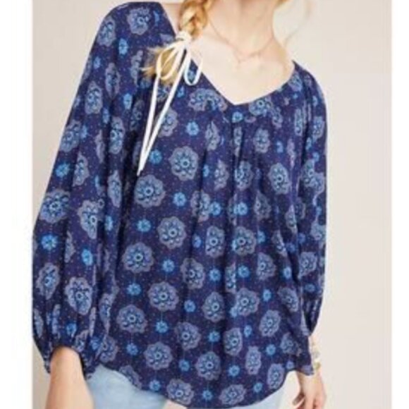 Maeve Anthropologie Long Sleeve Boswell Blouse Women's Size 10 Blue Floral - Picture 1 of 8